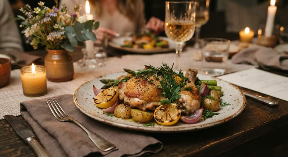A family dinner on the table — roast chicken with lemon and potatoes
